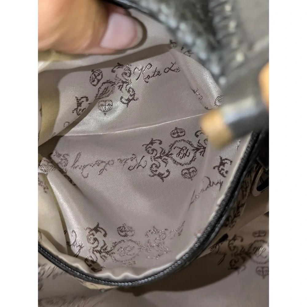 Kate Landry Beige & Black Embroidered Hobo Bag with Bamboo Accents